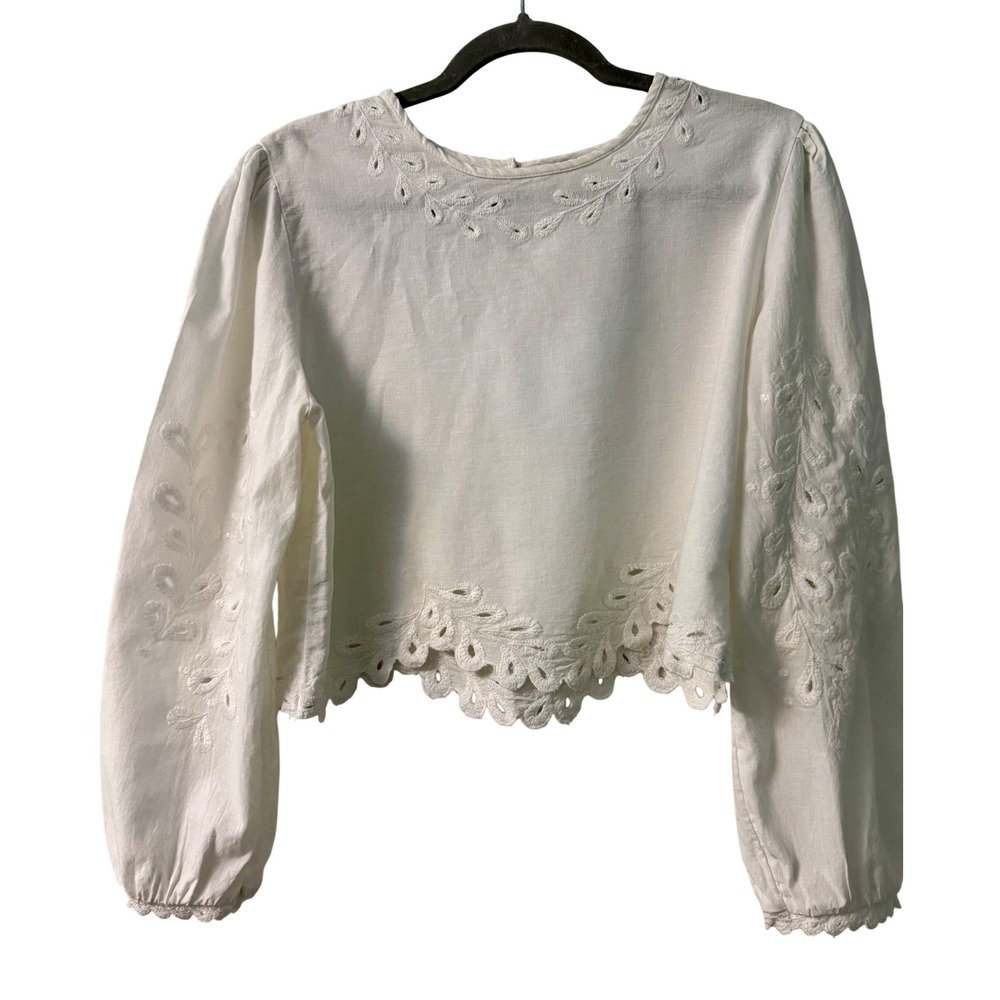Z Supply White Eyelet Embroidered Scalloped Hem Cropped Blouse Top Medium